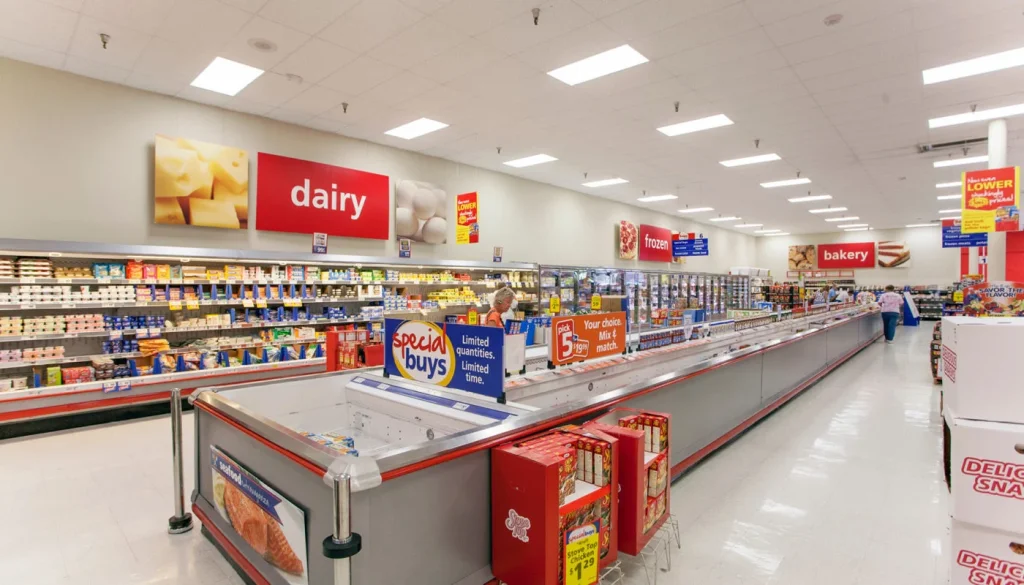 Save A Lot grocery store displaying a variety of fresh produce, groceries, and household items